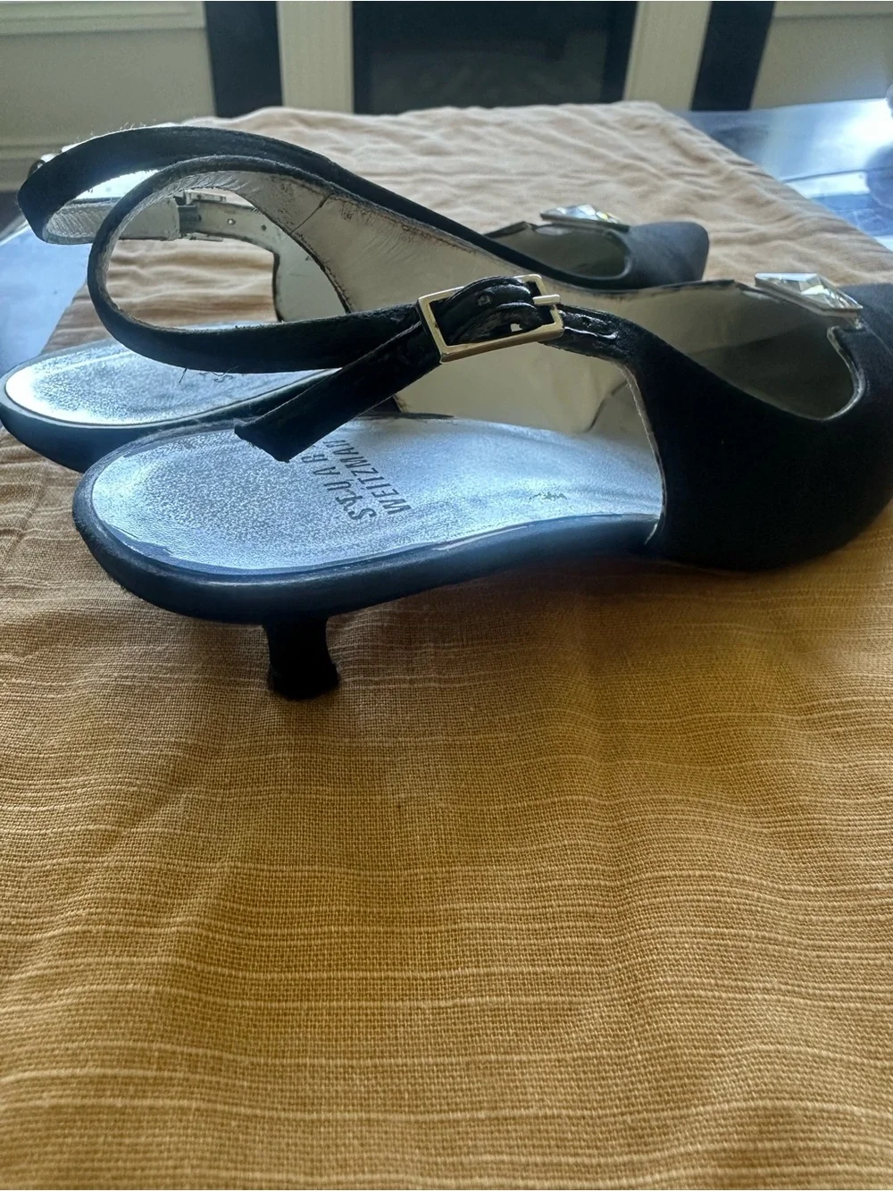 Stuart Weitzman Black Satin Kitten Heels Sling Back 8.5N